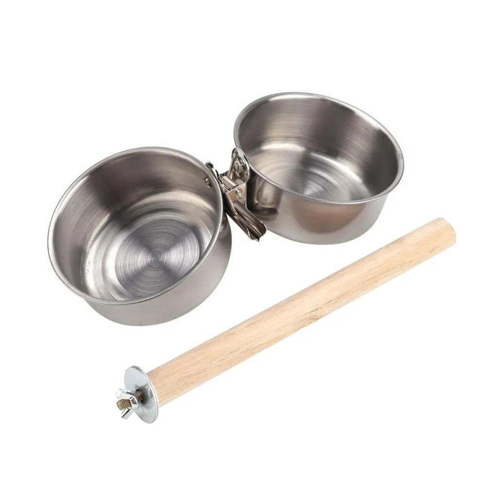 Lot de 2 supports pour mangeoires à eau et nourriture pour perroquets, avec perchoir et double bol._voghion.com