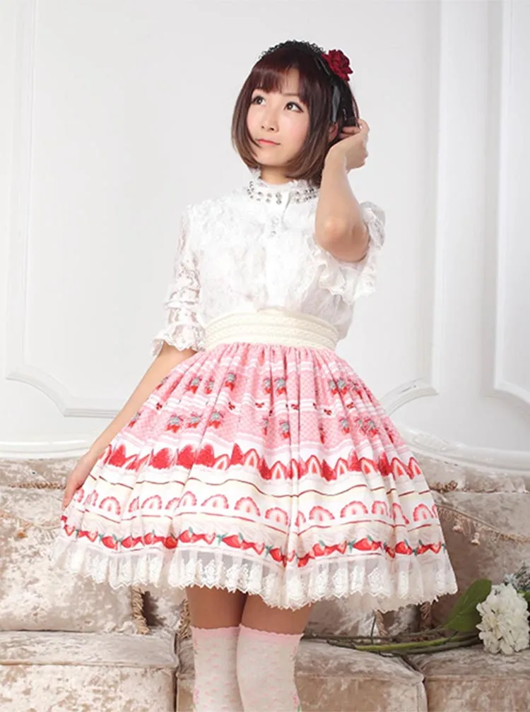 スカート Pink Floral Pleated Mini Skirt Sweet Pink Lolita Strawberry Lace Pleated mini skirt - Knee