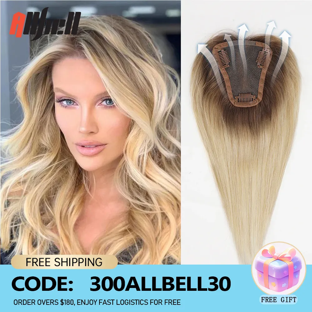 Middle Part Toppers Brown Blonde Ombre 12 Inch Straight Middle Part 100% Remy Human Hair ...