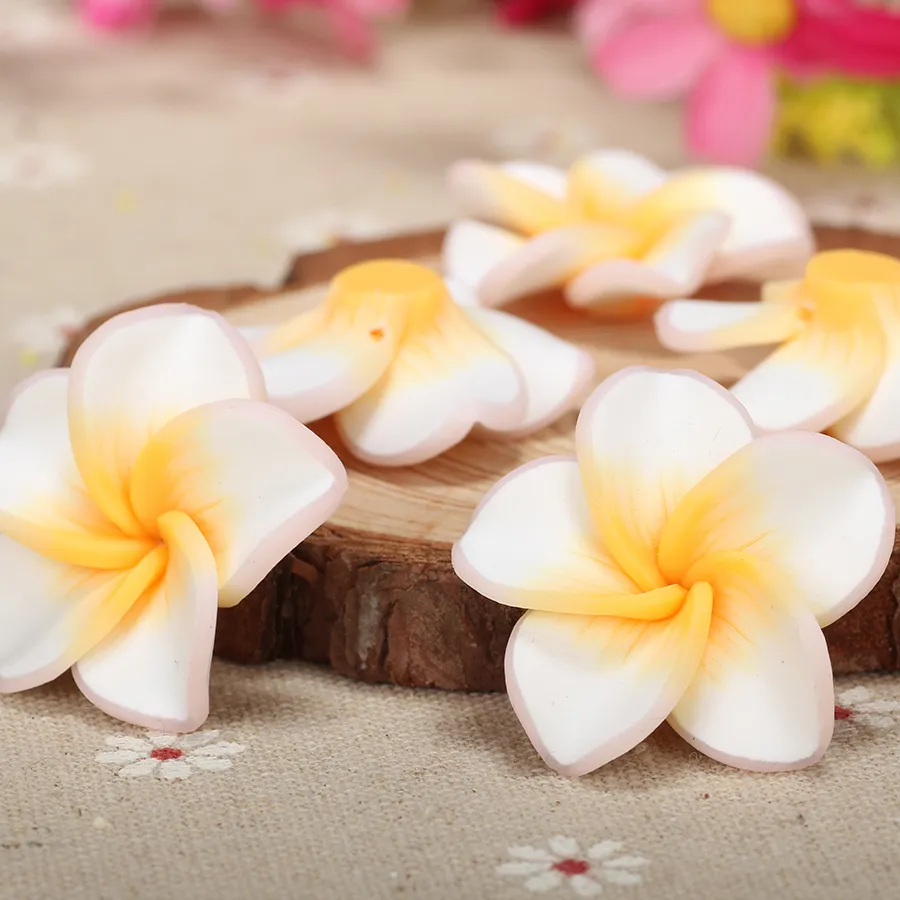 Handmade Polymer Clay 3D Flower Plumeria Beads, Mixed Color, 30x11mm, Hole: 2mm