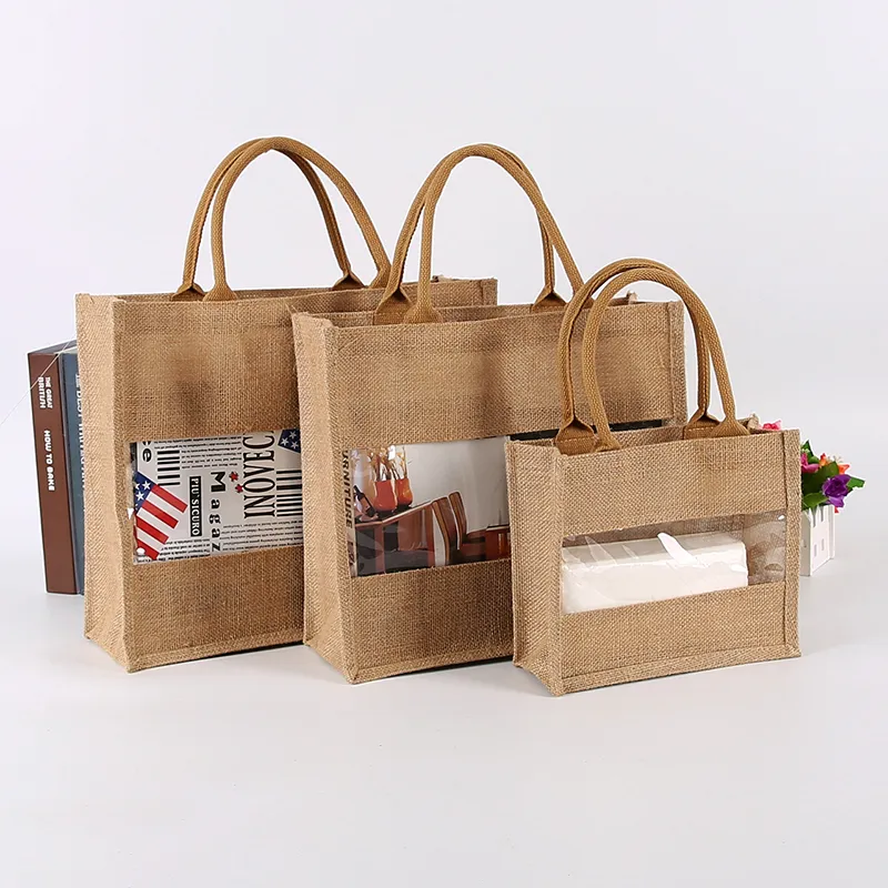 Custom Logo Clear PVC Jute Tote Bags Reusable Hessian Handbags
