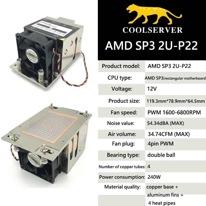 COOLSERVER P22 2U Server CPU Radiator 4 Heat Pipe Computer Side Blowing Cooling Fan Copper Bottom Processor Cooler For AMD SP3