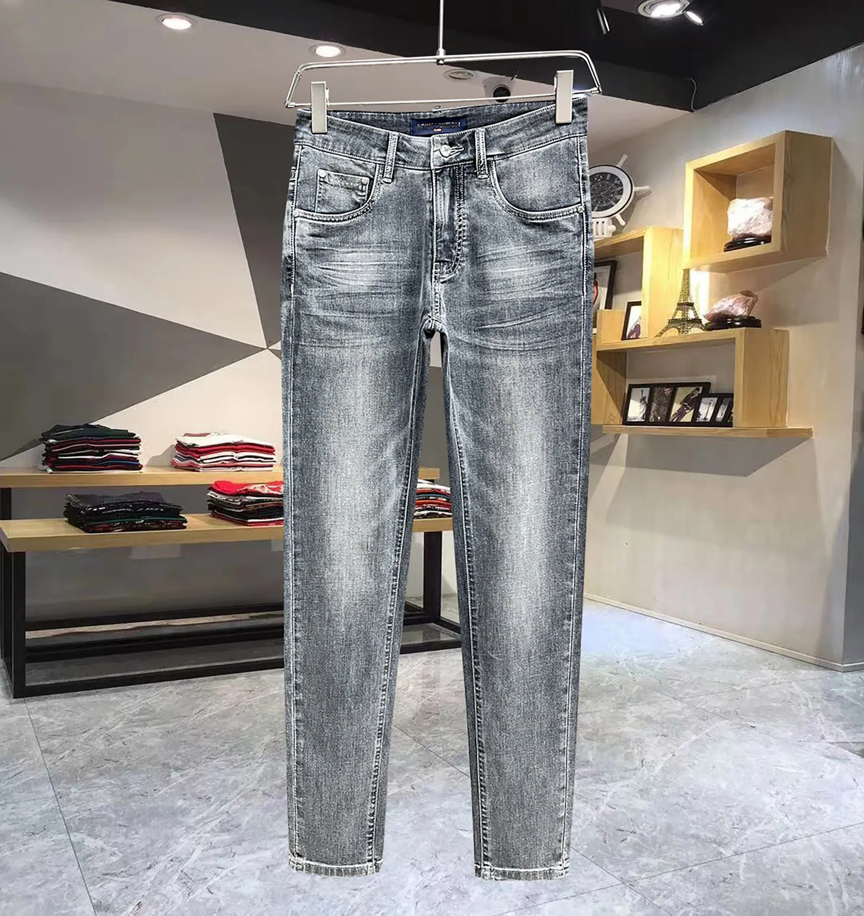 Grey designer jeans for men casual ripped denim pants with