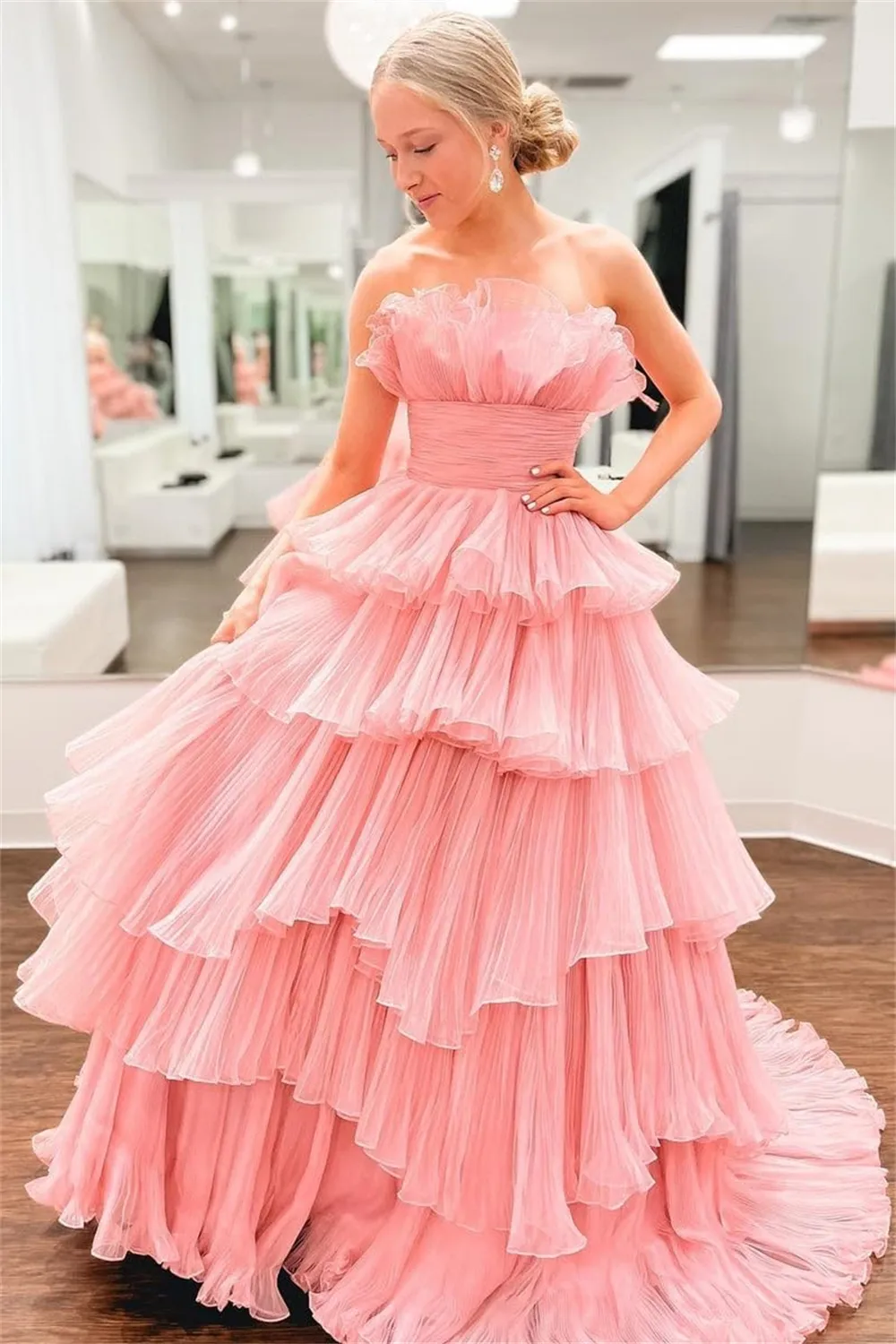 Tiered Prom Dresses Pleated Long Ball Gown, Strapless Organza Plus Size  Evening Dress From Juliaweddingdresses, $74.47 | DHgate.Com