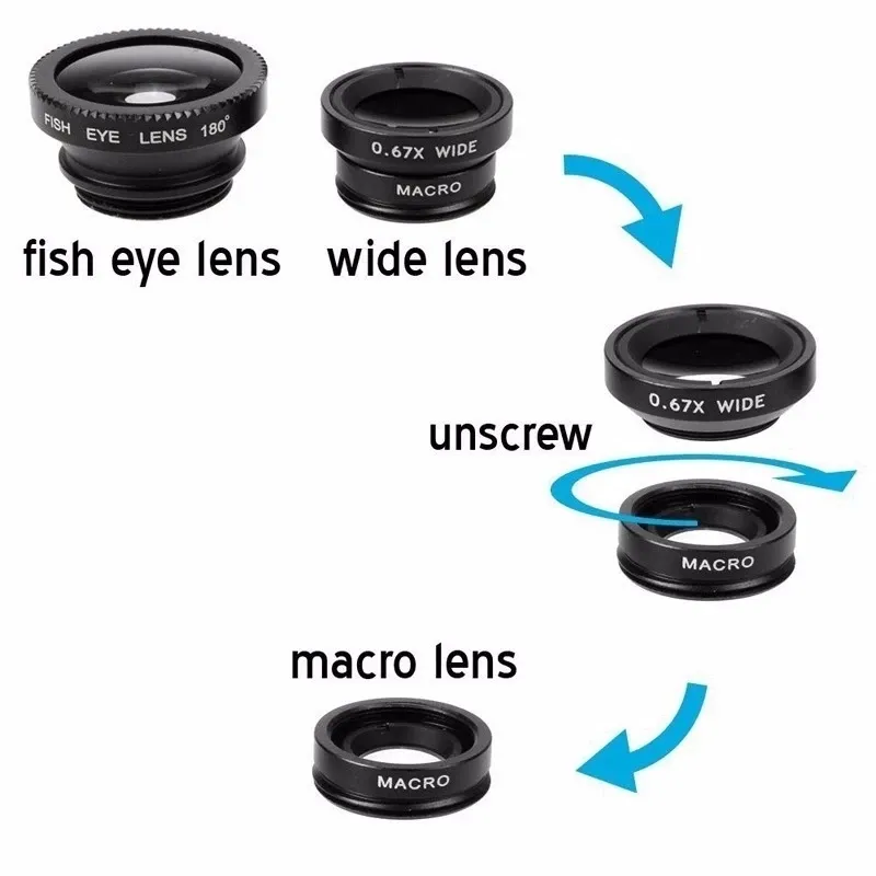 Kit De 3 Lentes Para Teléfono - Ojo De Pez 180°, Gran Angular 0.67x Y Macro 10x (con Clip)