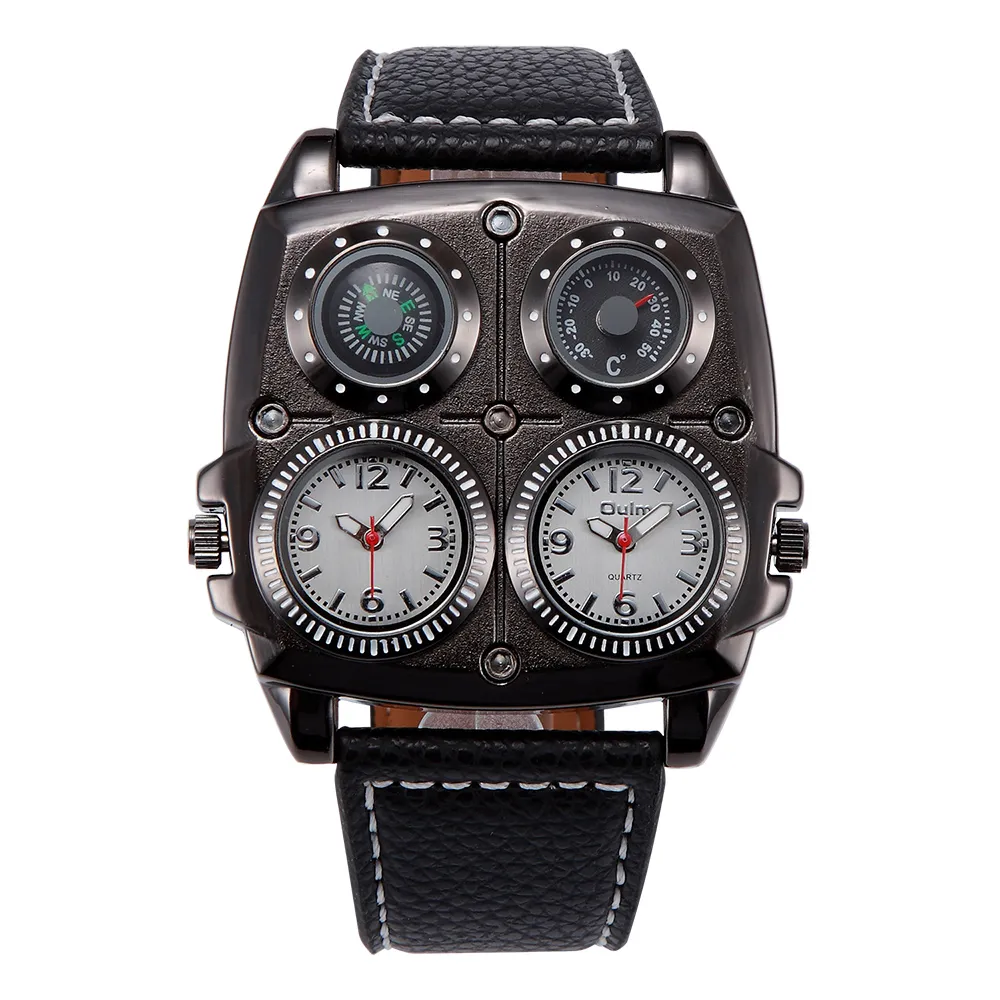 Big Square Dial Men s Quartz Watch with Leather Strap Compass and Sporty Design