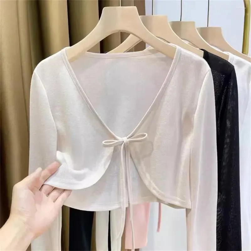 Women s Knits Korean Style Thin White Cardigan Women Summer Sunscreen Lace up Tops Lady Casual Long Sleeve Short Sun Protected Shrug Blouse