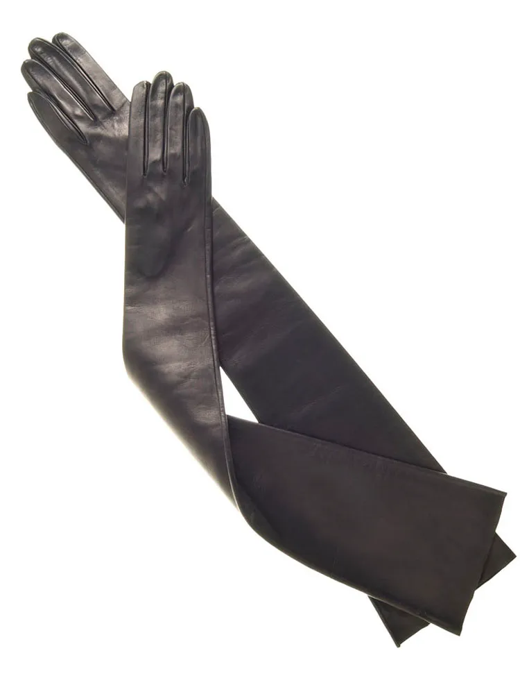 KIMOBAA Real Sheep Leather Long Black Opera Gloves Shoulder Length