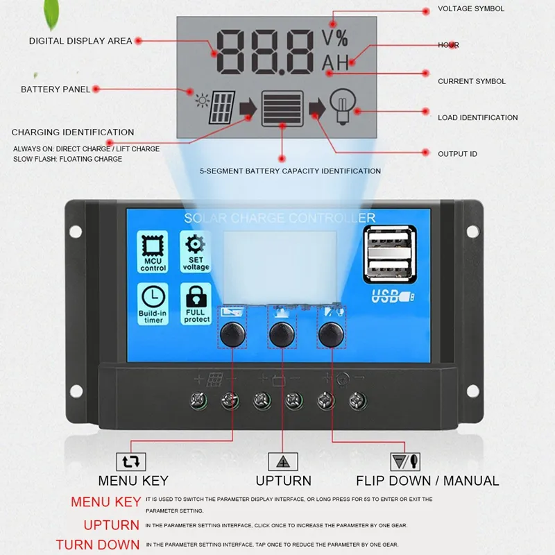 Solar Charge Controller PWM 12V 24V Auto LCD Display Dual USB 5V Output ...