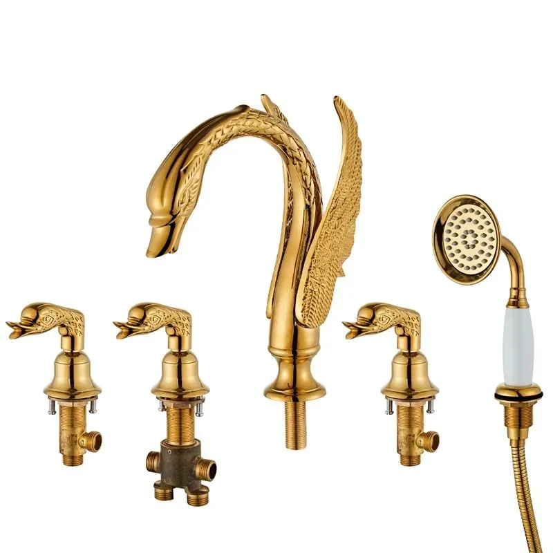 Gold Swan Design Widespread Bathroom Faucet - Two Handle 3-Hole Mount 8-16 Inch Spread