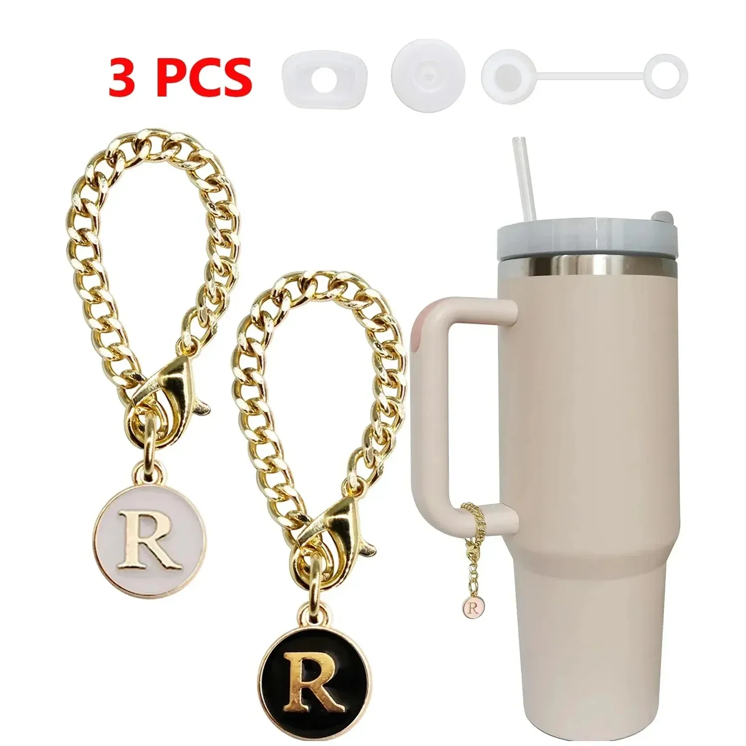 Ximalun Initial Letter Charms For Stanley Cup – Stainless Steel Alphabet Pendant With Heart, Adjustable 4" Chain