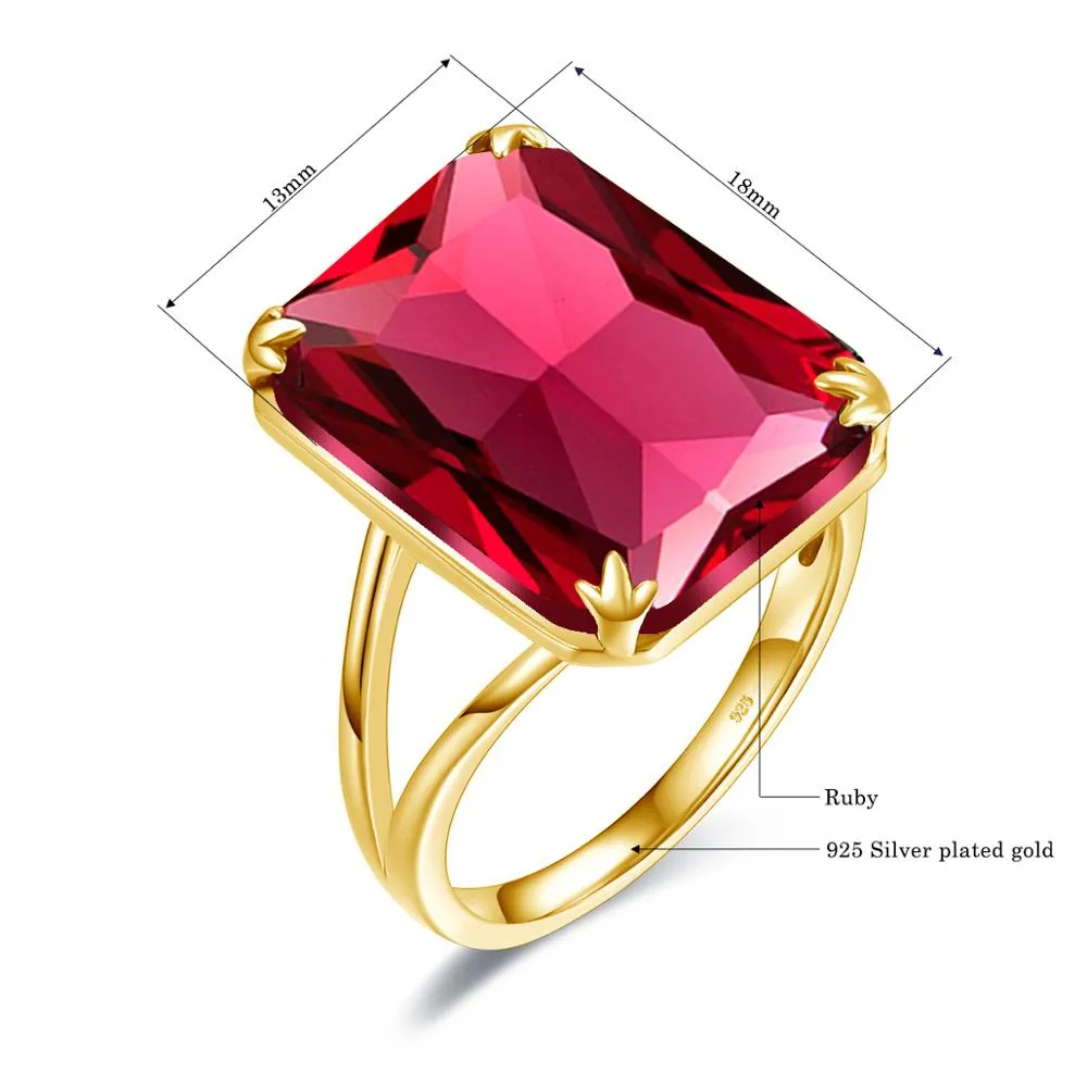 Exquisite Gold Ruby Ring: Real 925 Sterling Silver Rectangle