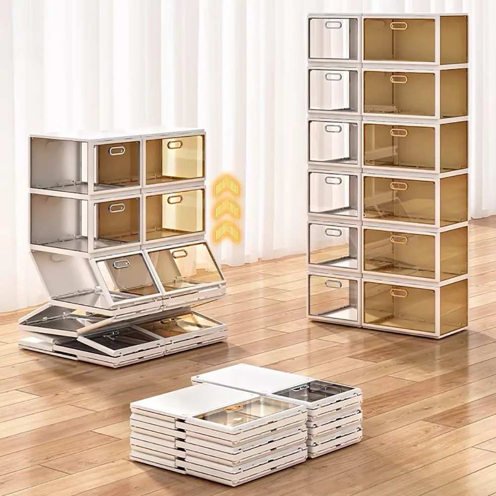 thumbnail image 2 of 2-Pack Fabric Shoe Organizer Storage Boxes - Foldable With Clear Cover, 16 Compartments For Closet 2 of 13