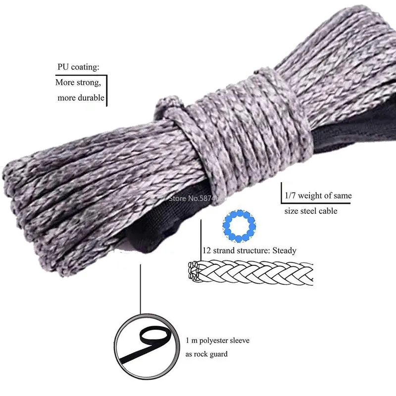 Towing Ropes: Gray Synthetic Winch Rope With Protective Sheath, 15m ...
