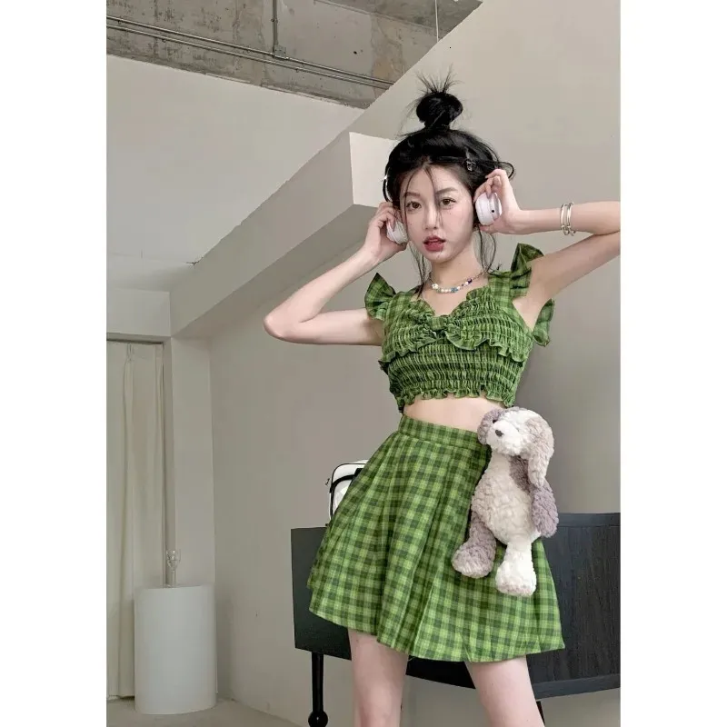 Gingham Green Plaid Skirt Set Green Plaid Bow Crop Top And Mini