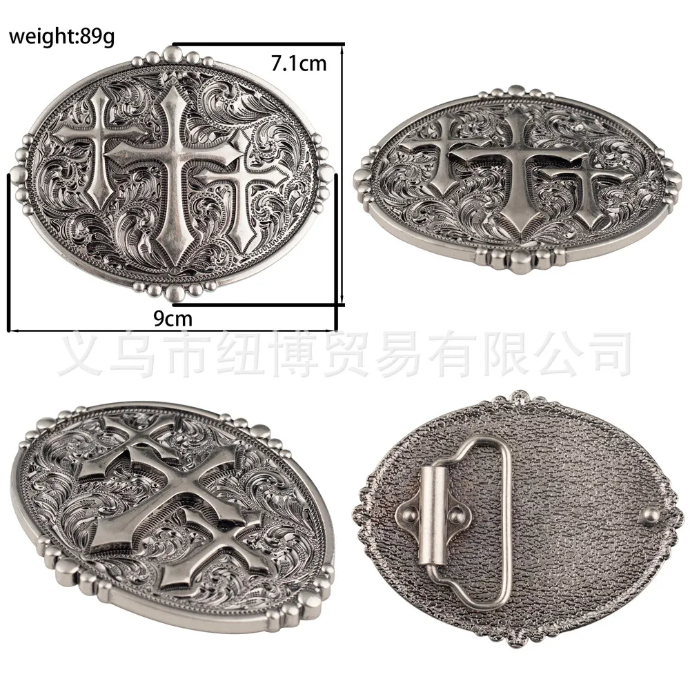 Oval Cross Belt Buckle with Geometric Religious Patterns for Men
