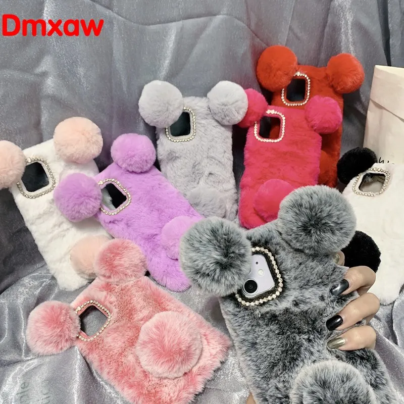 2024 3D Plush Panda Phone Case w/Ears Fluffy Faux Fur Panda Bear Cover  for iPhone 14 13 12 11 Pro Max mini XR XS X 6s Plus 5S SE