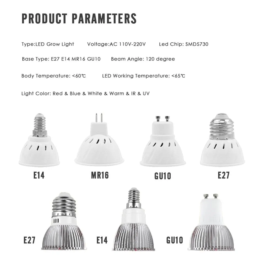 Full Spectrum LED Grow Light Lamp E27 E14 MR16 GU10 IR UV Indoor Plant ...
