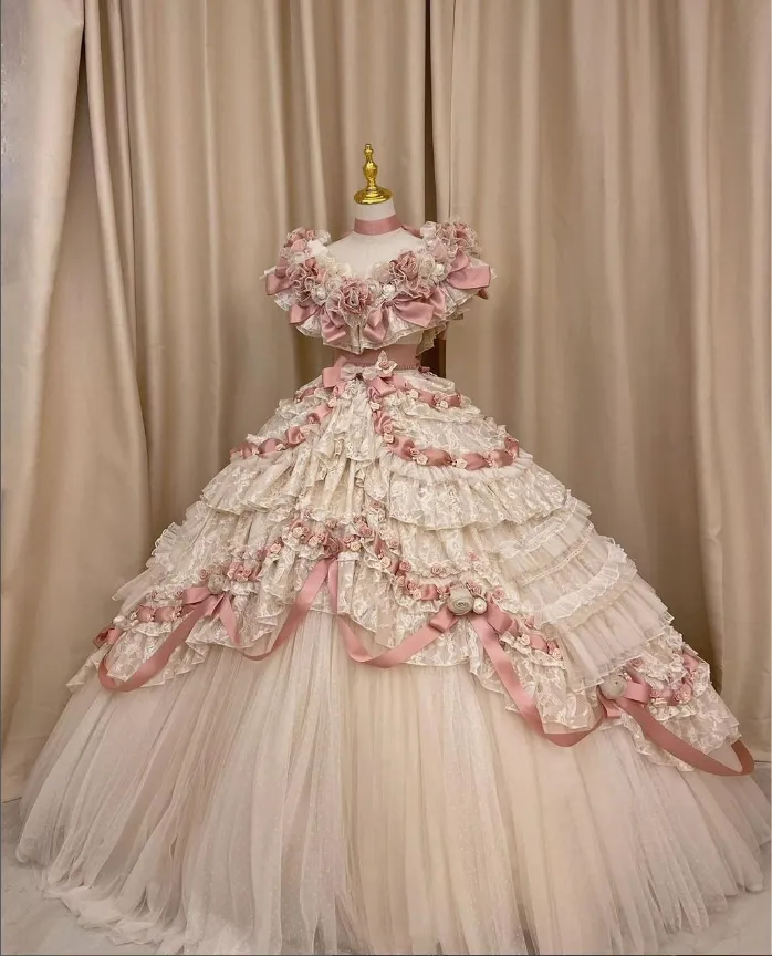 Medieval Prom Dress Pink White Lolita Fantasy Corset 3D Floral Applique Tulle Floor-Length A-Line Dress Medieval Prom Dress Pink White Lolita Fantasy Corset 3D Floral Applique Tulle Floor-Length A-Line Dress