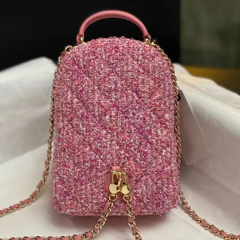 Tweed Mini Backpack Womens Designer Quilted Chain Strap Pink  display picture 2