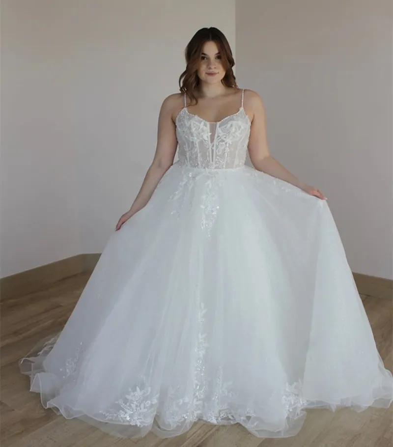 Spaghetti Straps A-Line White Wedding Dress with Lace Appliques and Sweep  Train, Long Tulle Boho Beach Bridal Gown with Back Lace-Up, Plus Size from  Dhgate A-Line Wedding Dresses - price 149.55
