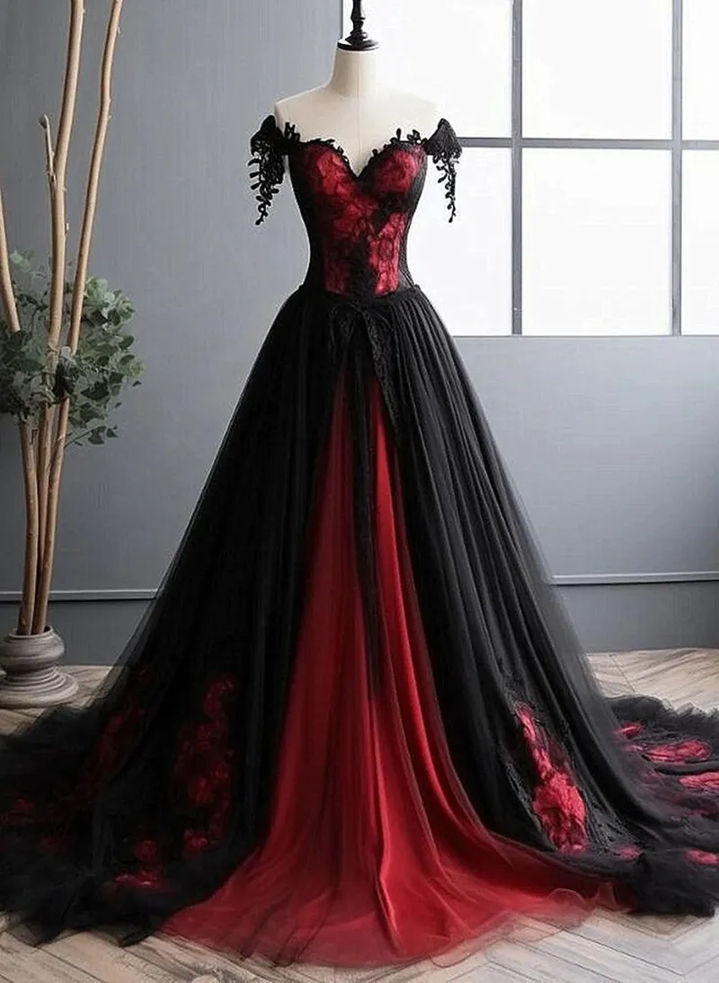 vintage black and red wedding dress Black Red Gothic Victorian Wedding Dresses Off Shoulder Applique Lace-up  Bride