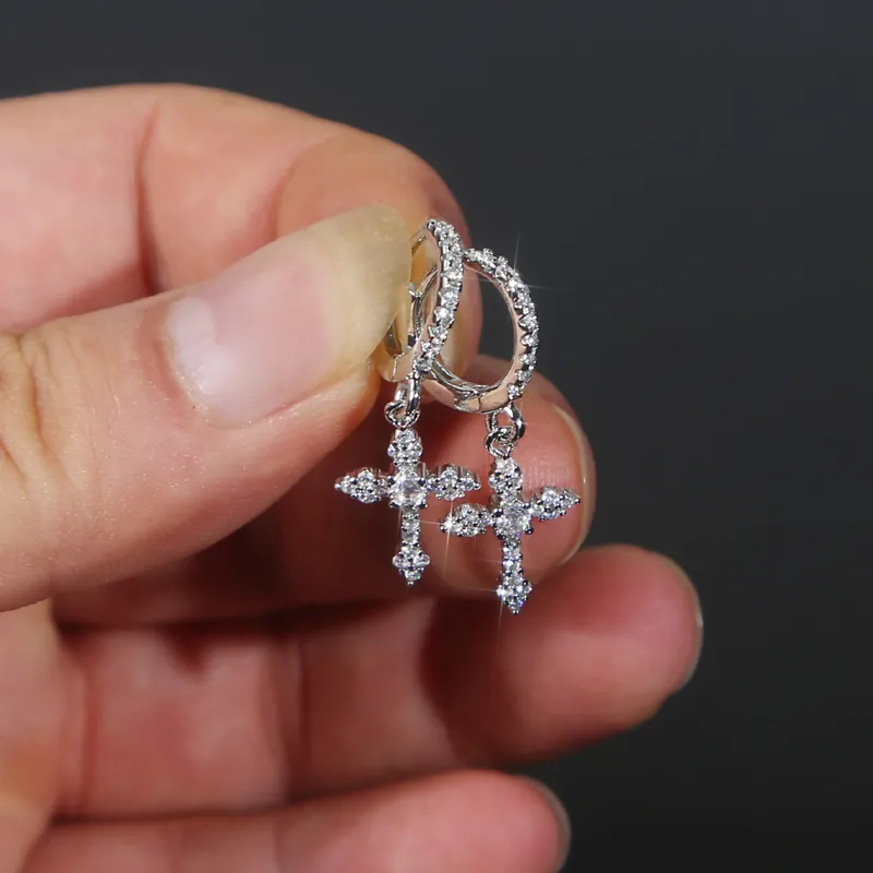 Male Dangle Earrings Cross Design Iced Out Cubic Zirconia