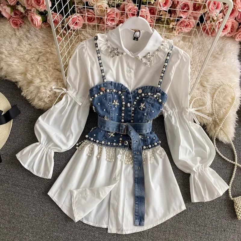 Chic Layered Look: Beaded White Shirt Dress \u0026 Diamond Denim Vest Set - Shop  Now for Premium Style! from Dhgate Two Piece Dress - price 128.33