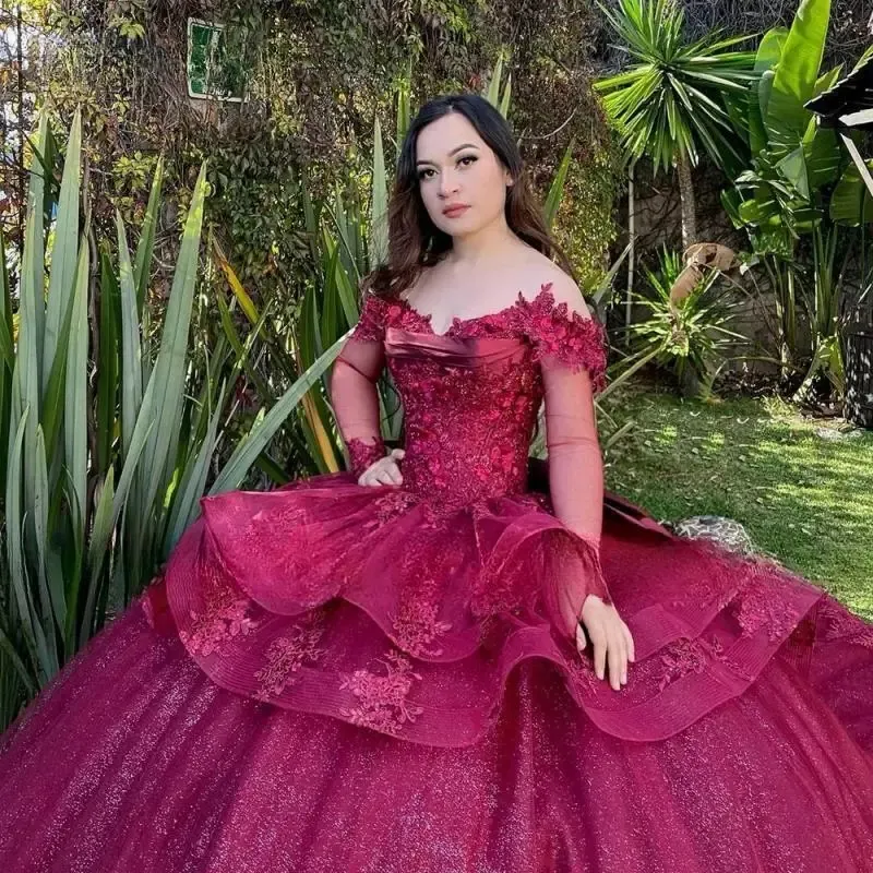 burgundy quinceanera dresses with sleeves Burgundy Long Sleeves Quinceanera Dress Sweet 15 Dresses Ball Gown Wed –  Siaoryne main image 1