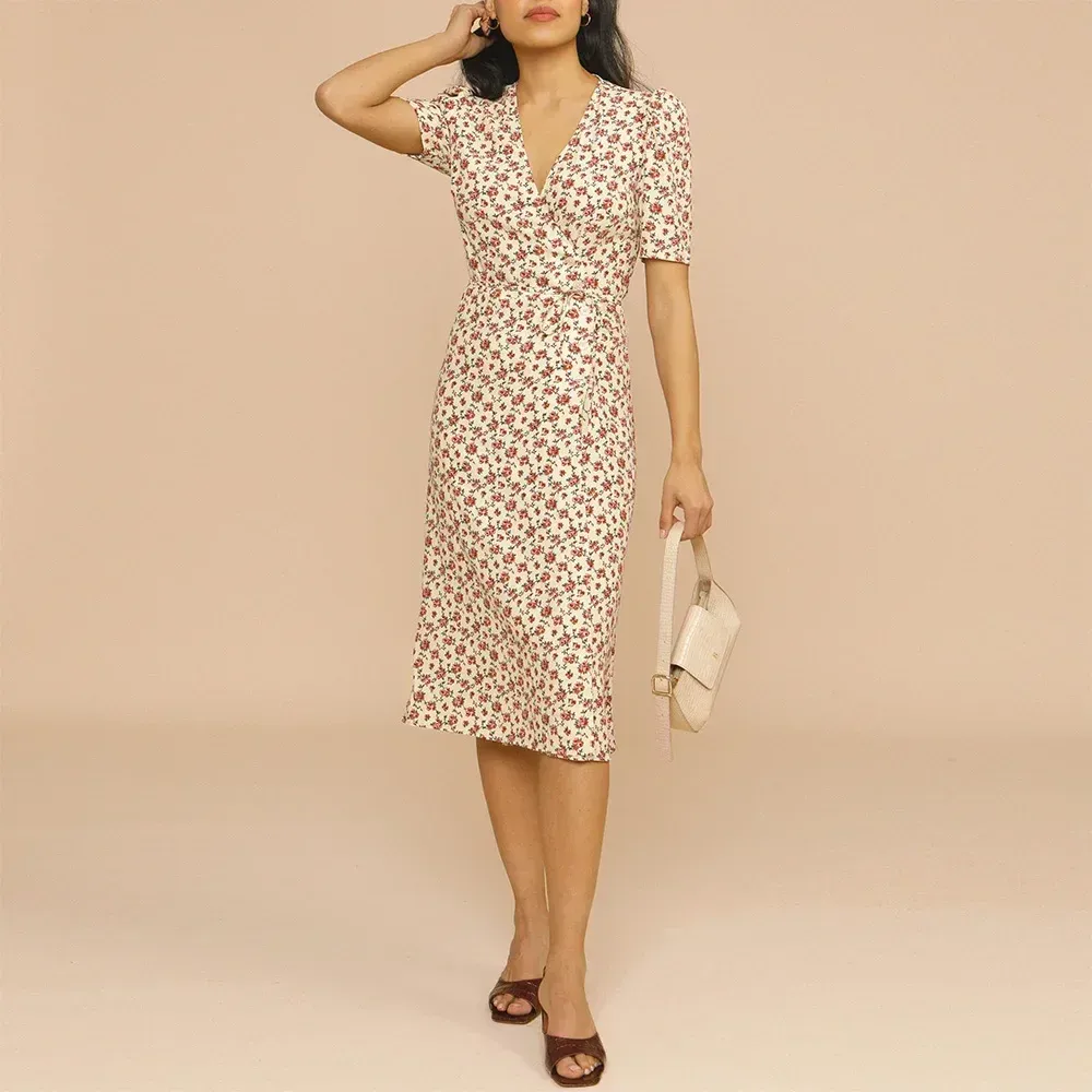knee length dresses for ladies Blue Floral Wrap Midi Dress  Needs No Label