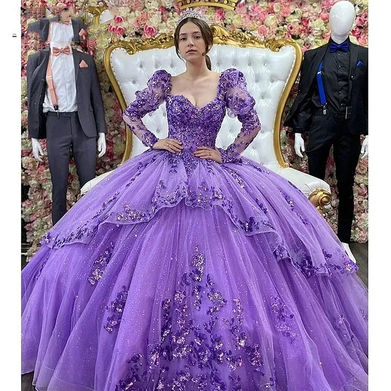 Puff Sleeve Tulle Quinceanera Dresses 2024, Lavender Princess Ball