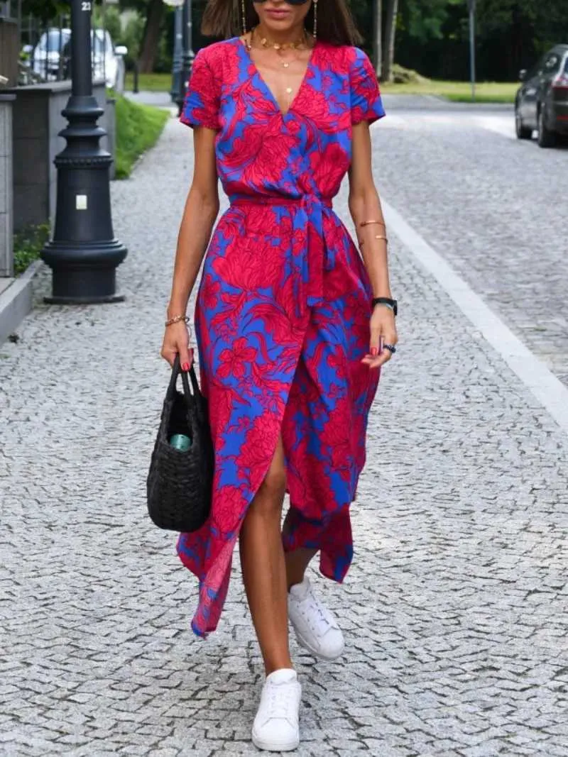 Basic Casual Dresses Womens Fashionable Short Sleeved Loose Comfortable Fit Casual V neck Printed Sexy Split Dress Q240624