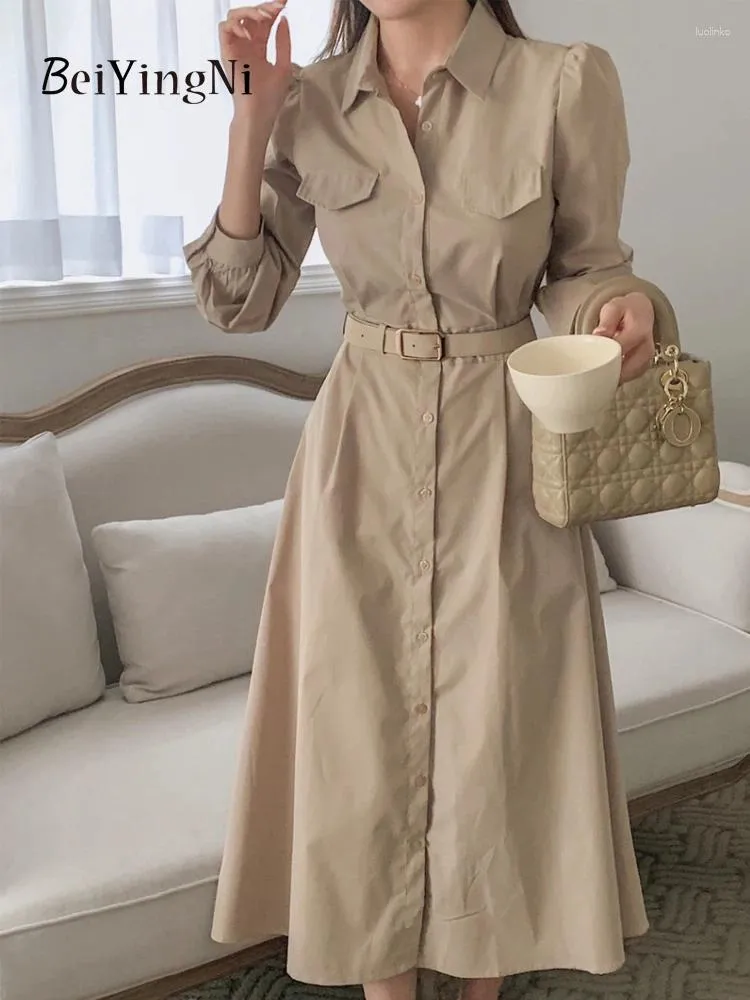 Womens Long Sleeve Midi Dress Casual Fall Slim Single-Breasted Belted Midi  Dress