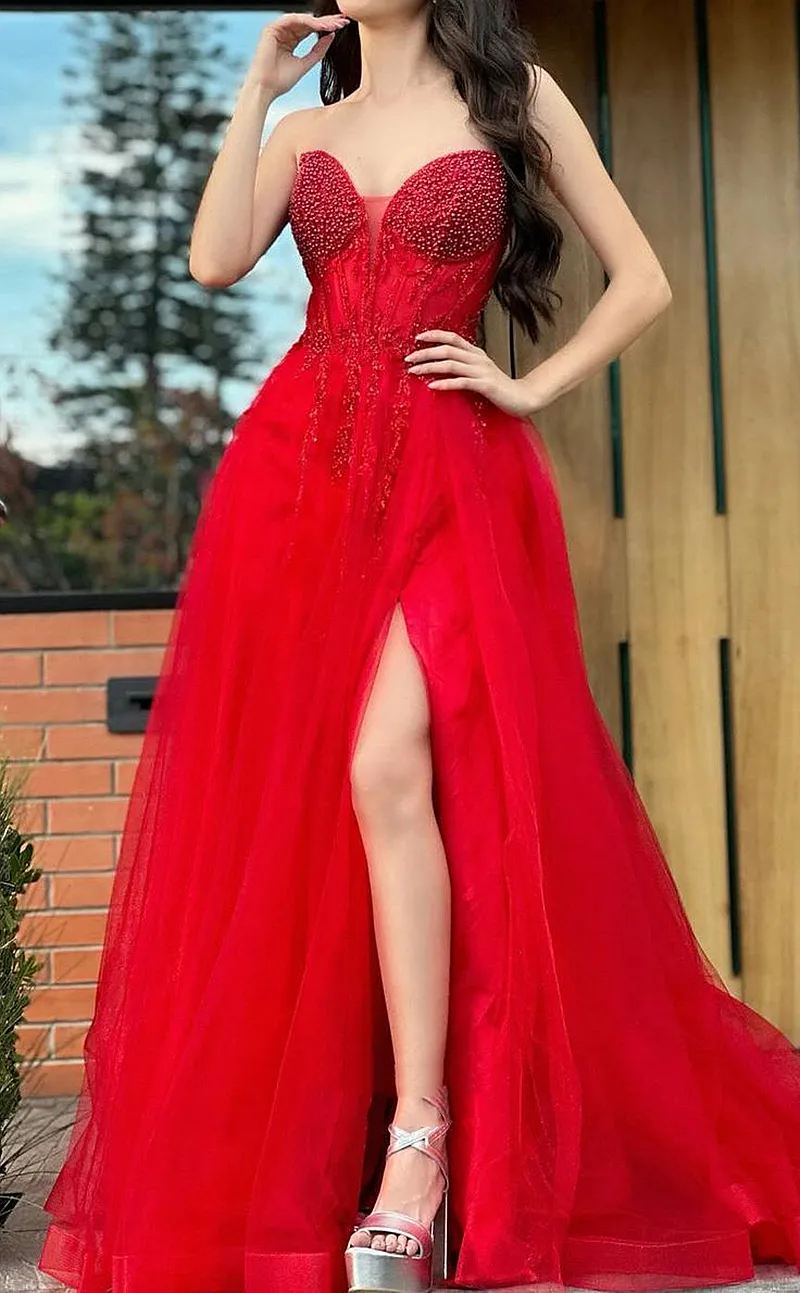 open lace back dress Charming Red A-line Halter Beaded Long Prom Dresses with Side Slit, MP258 main image 1