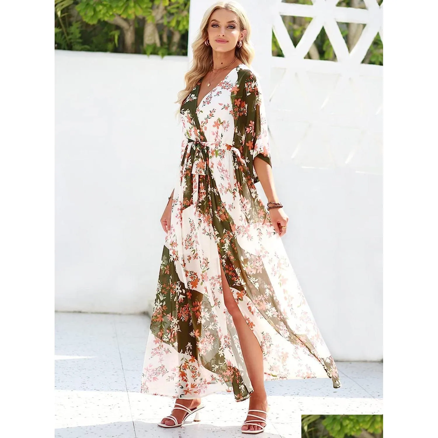 Plus Size Dresses Womens Summer Loose Kimono Maxi Dress Wrap V Neck 3 4 Sleeve Floral Print Slit Long Drop Delivery Apparel Women S Dhife