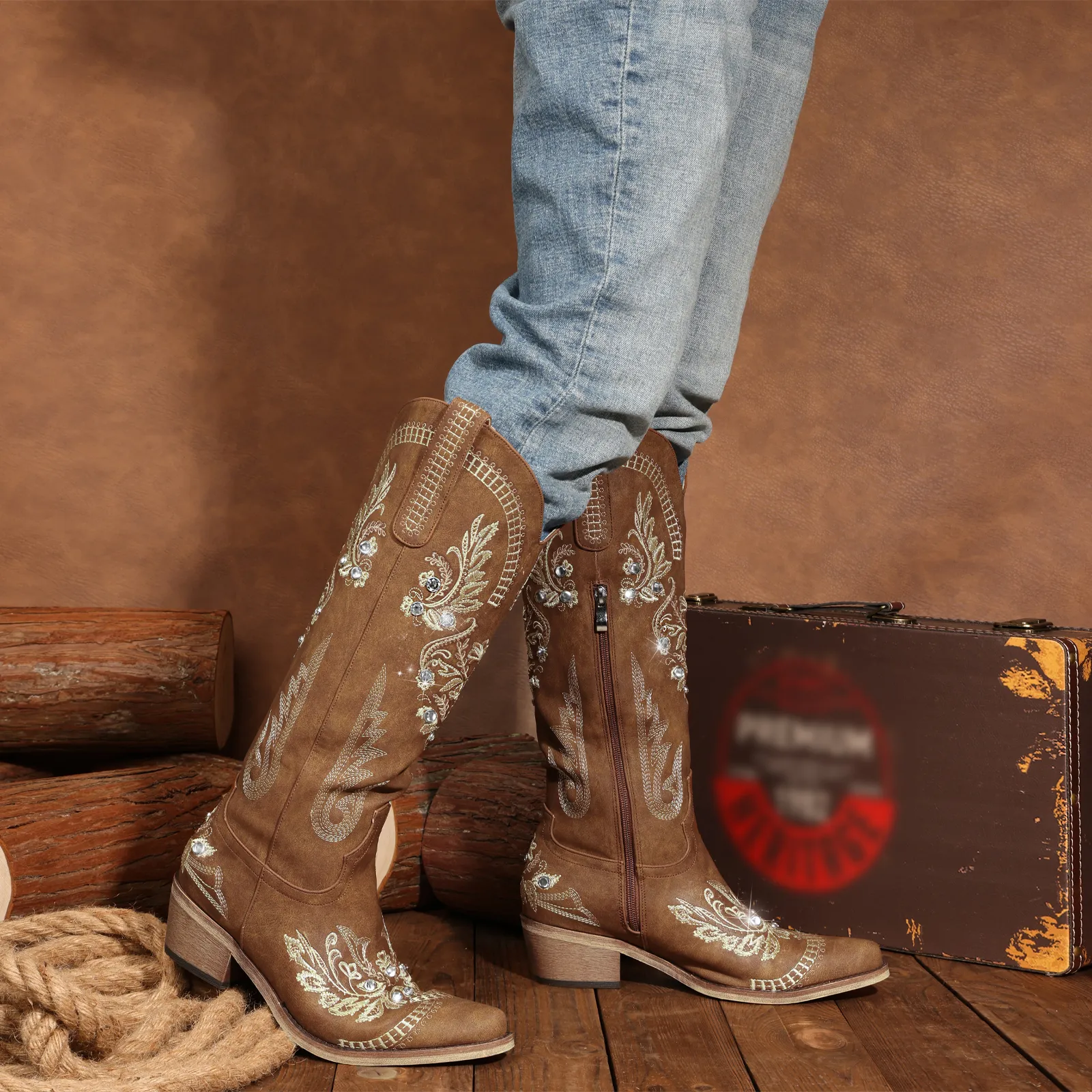 Sparkly Rhinestone Cowgirl Boots for Women Embroidered Vintage Chunky  Heel Boots