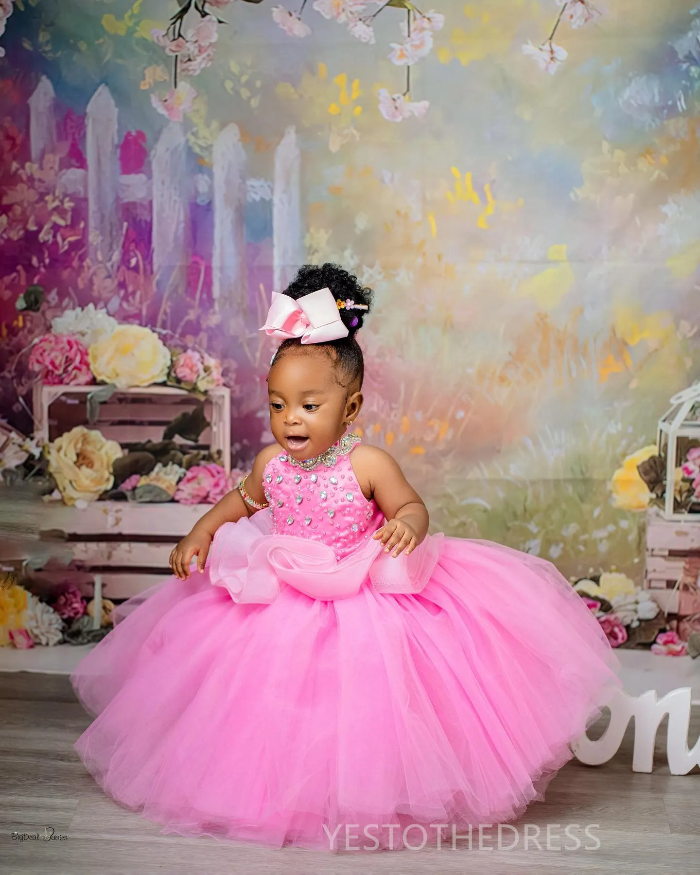 Pink Little Girls Birthday dress with Halter Neckline, Beaded Rhies, Crystals, and Tiered Tulle - R&W 2024 Princess Marriage Gown (Style F143)