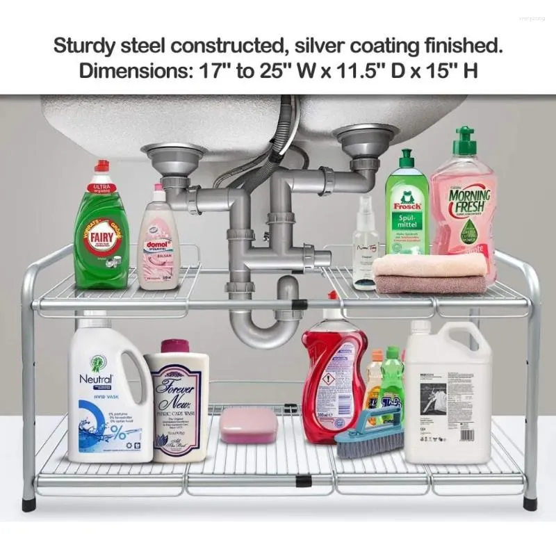 DHgate Expandable 2 Tier Sturdy Steel Silver Under Sink Kitchen Storage Organizer Home Garden