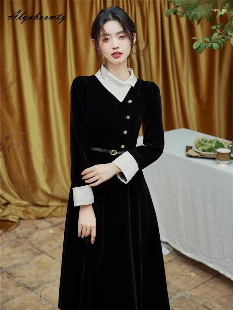 Black Velvet Midi Dress with Belt Elegant Contrast Color 2024 Autumn Winter