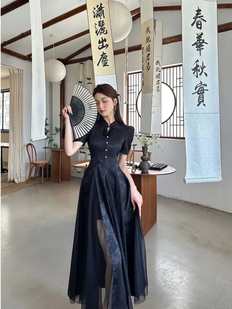 oriental black dress Black Cheongsam Dress with Yellow Collar – Traditional Chinese Style main image 1