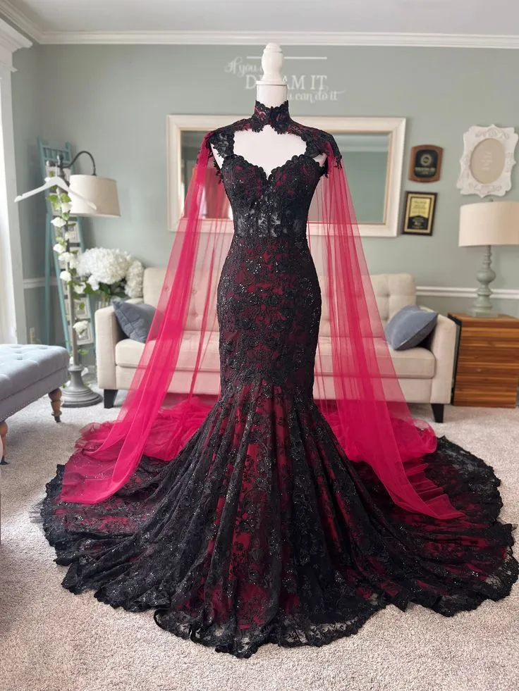Black Gothic Prom Dresses, Black Lace Mermaid Wedding Gown With