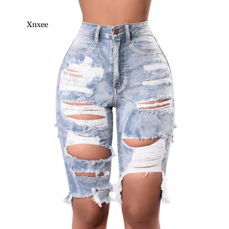 Womens Ripped Skinny Jeans, Blue and White Denim Pants, High Waist