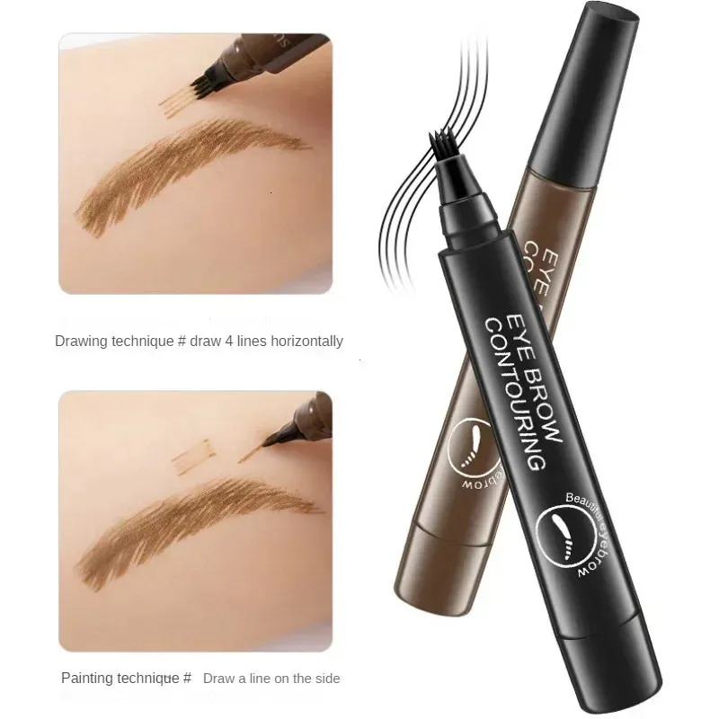 4 Colors 3D Microblading Eyebrow , Tattoo Pen 4 Fork Tips Fine Sketch Liquid Eyebrow Pencil Waterproof