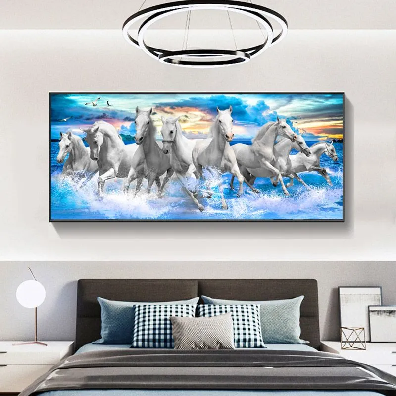 北欧風の馬の頭のペインティング油絵現代のシンプルなリビングルームの挂け絵A 海洋キャンバスで雄大な8頭の馬がリビングルームのための壁