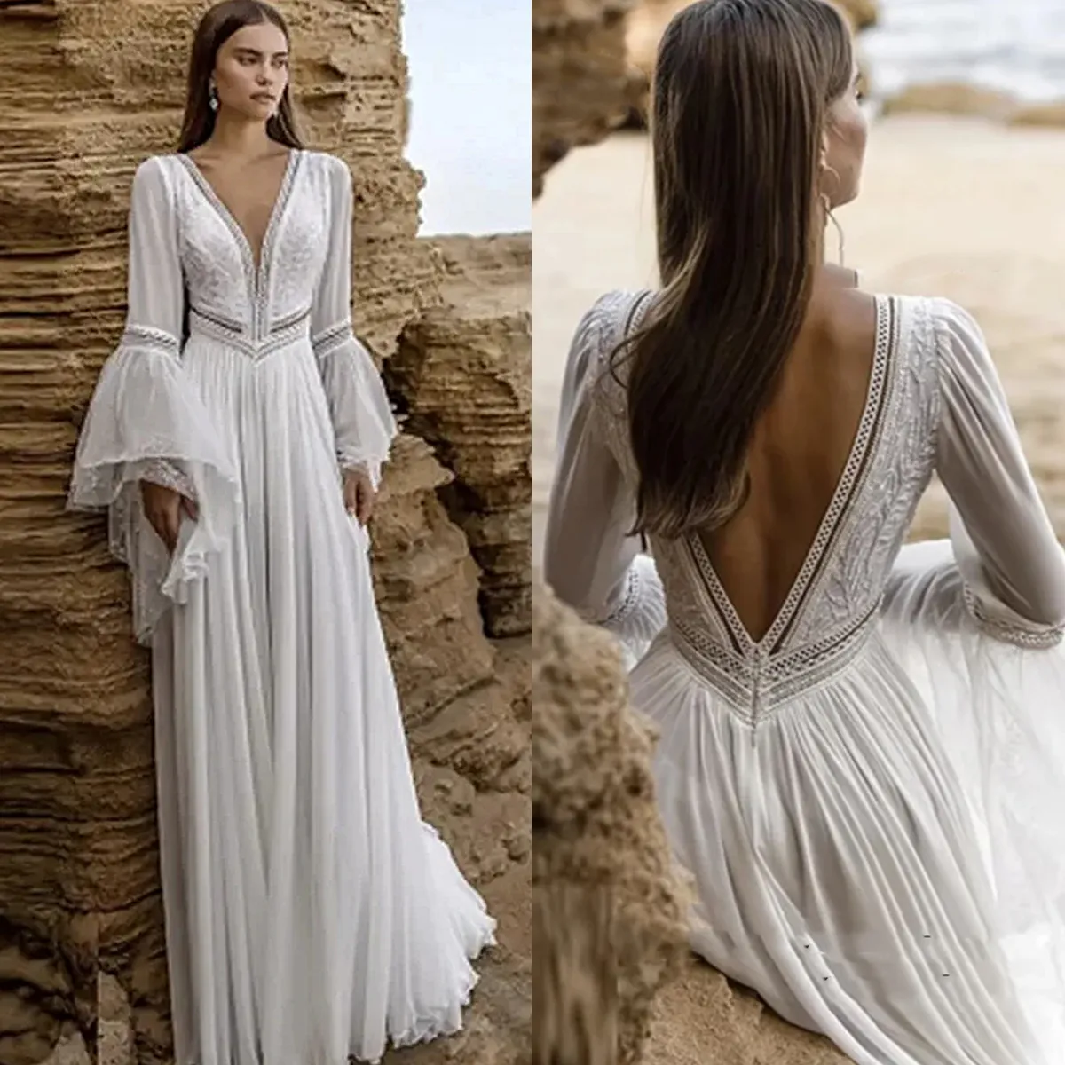 White Chiffon Appliques Deep V-neck Backless Wedding Dress White Chiffon Appliques Deep V-neck Backless Wedding Dress