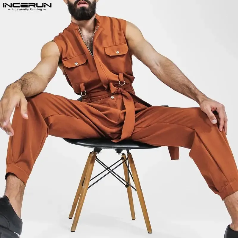 INCERUN Men Jumpsuits Solid Lapel Sleeveless Multi Pockets Fashion