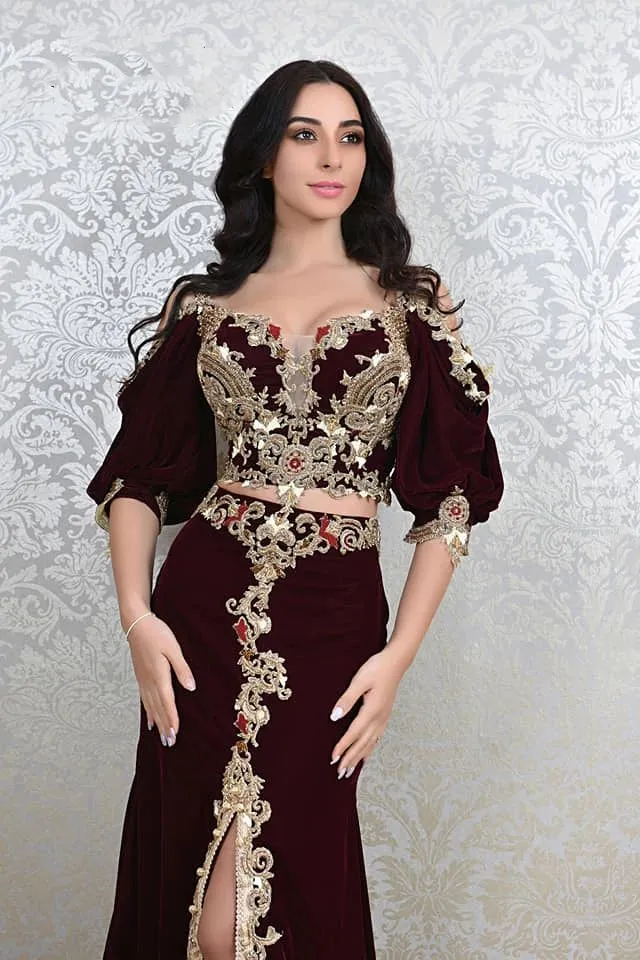 green emerald velvet dress Long Sleeves One Shoulder Gold Appliques Burgundy Prom Dresses main image 1