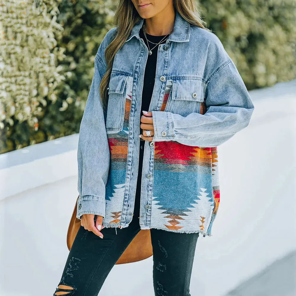 Blue Denim Jacket with American Pattern for Women s Casual Fashion