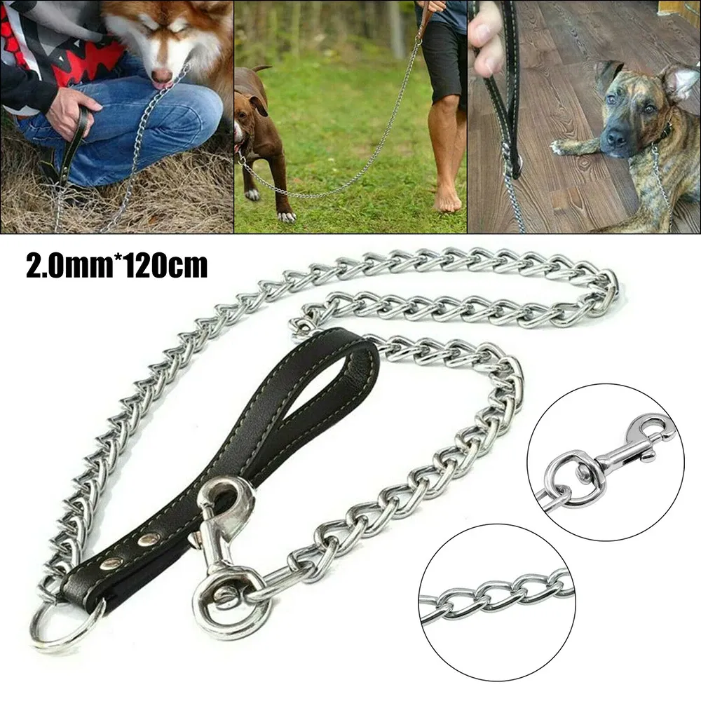 DHgate Indestructible Leather Dog Leash Heavy Duty Chew Proof Metal Chain Lead for Strong Dogs Pet Supplies