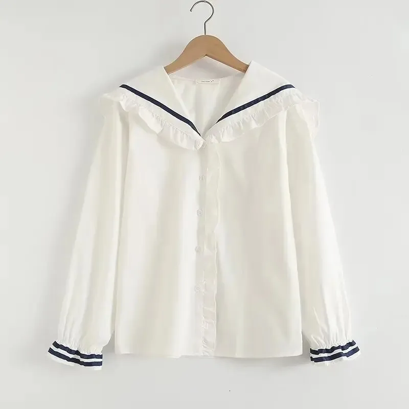 muguet frill sailor collar blouson ホワイト Sailor Collar Cotton Blouse with Ruffles | Long Sleeve White